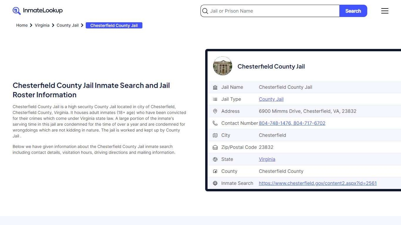 Chesterfield County Jail Inmate Search, Jail Roster, Bookings, Arrests ...